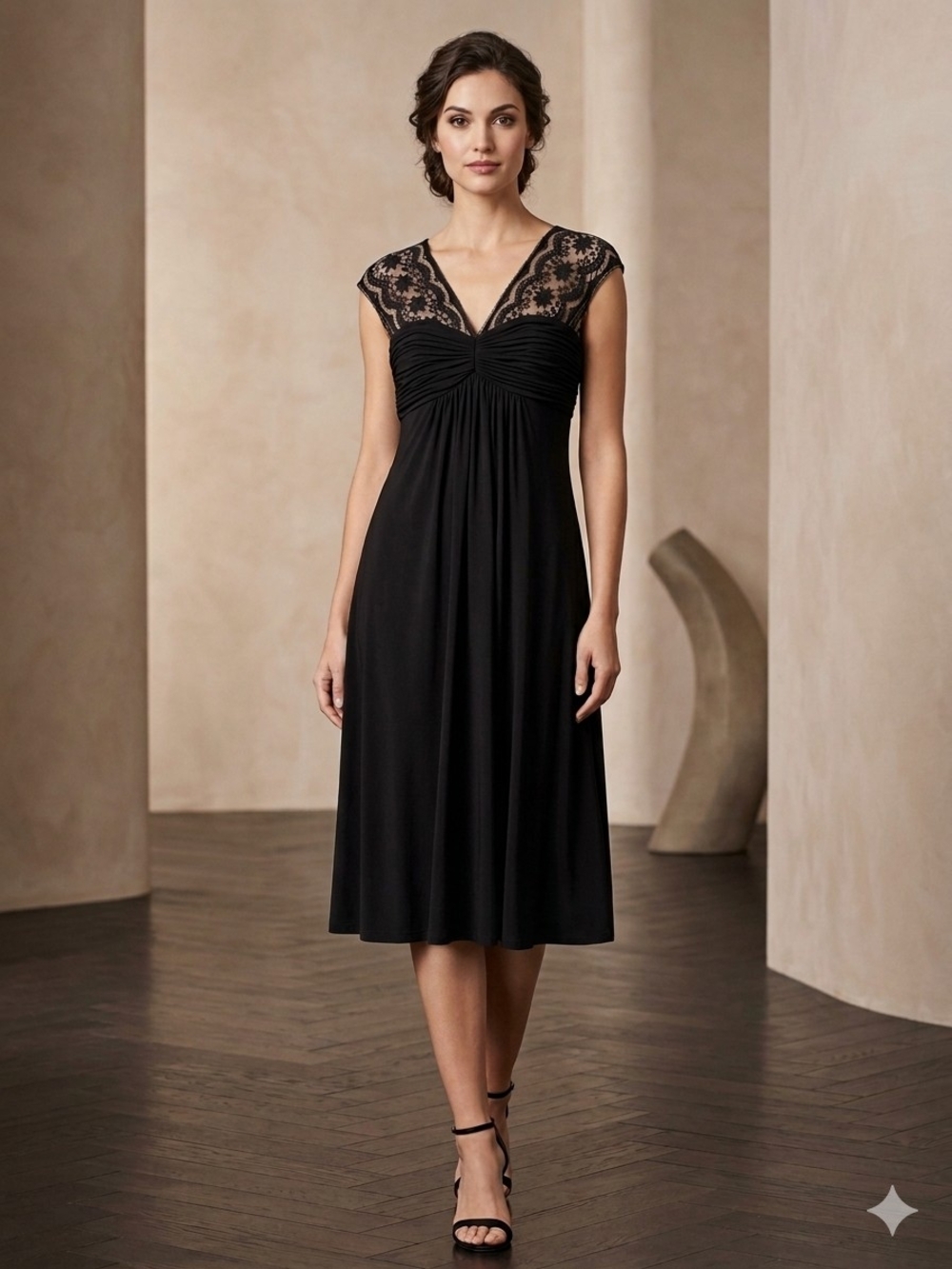 Adrianna Papell Black Lace-Yoke Midi Dress